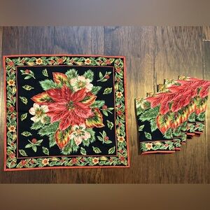 Set Of 6 April Cornell Black Christmas Napkins 16” Poinsettia Holly Berry